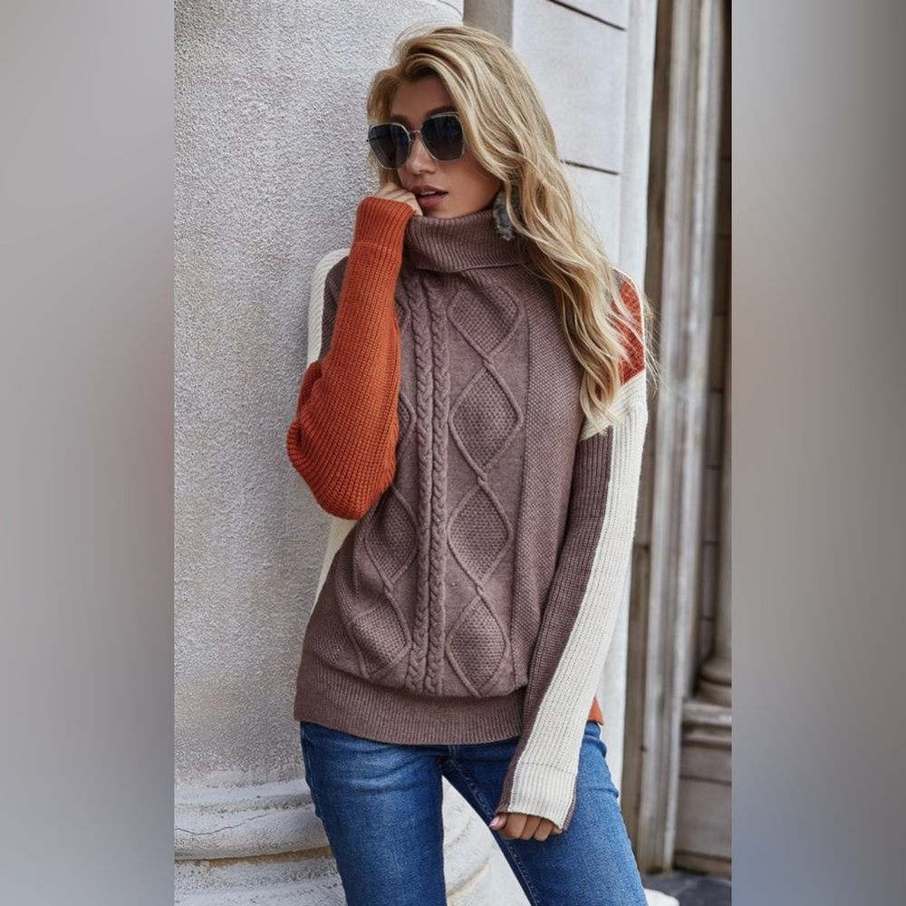 C+D+M Color-block, cable knit, turtleneck sweater